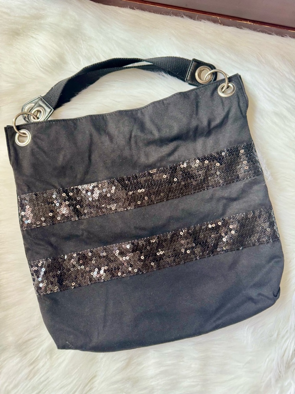 Y2K- Style Black Sequin Striped Tote Bag Large Shoulder Fabric O-ring Detail - Picture 3 of 10